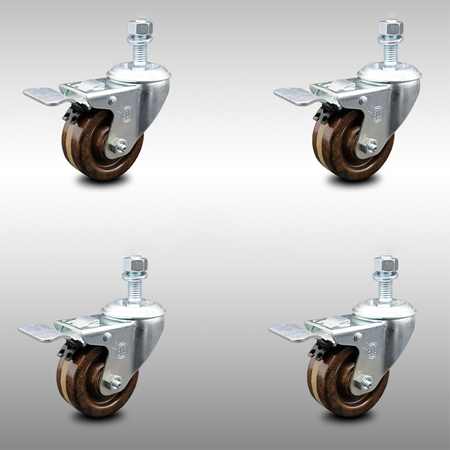 SERVICE CASTER 3 Inch SS High Temp Phenolic 12mm Threaded Stem Caster Set Total Lock Brake SCC-SSTSTTL20S314-PHSHT-M1215-4